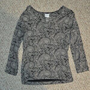 Chico’s Black and White Paisley Print Long Sleeve Blouse Size 0
